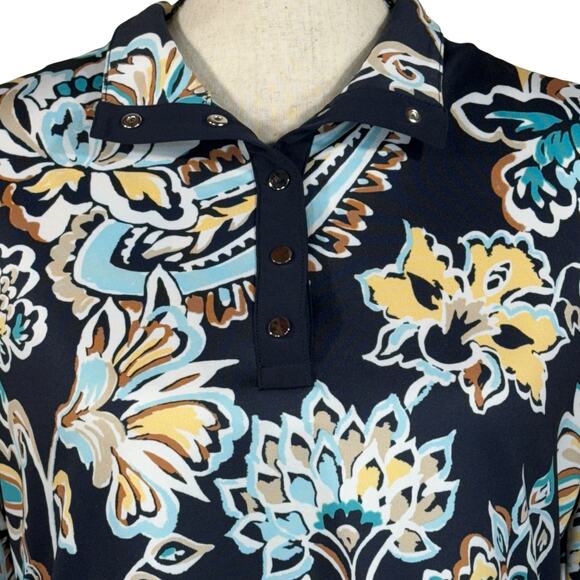 Chico’s SZ 0 (Small) Top Floral Long Sleeve 1/4 Snap Collared Stretch Blue Multi - Picture 2 of 7